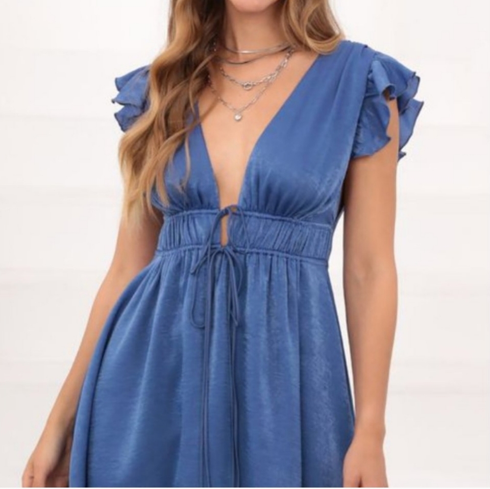 Lucy in the sky deep V mini dress party wedding casual blue sheer satin size S